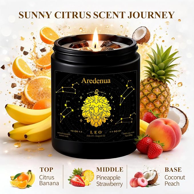Leo Zodiac Candle | Astrology Birthday Gift for Women Healing Crystal Candles with Tiger Eye Crystals - Soy Candle, 7oz 50 Hour Burn, Spiritual Gift for Women, July August Birthday Candle