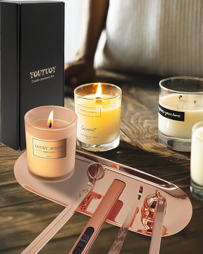 YOUTUOY 5 in1 Candle Accessory Set with Rechargeable Candle Lighter, Candle Wick Trimmer, Candle Wick Snuffer, Candle Wick Dipper, Storage Tray Plate, Candle Care Kit (Rose Gold)