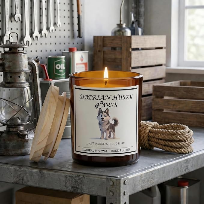 Siberian Husky Gifts for Women | Birthday Gifts for Mom | Light When Dog Farts Candle | Cedar By Natural Soy Wax | Pet Safe Friendly Memorial Candles for Home Scented Household Essentials