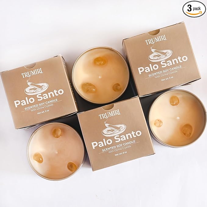 Palo Santo Candle for Home - Highly Scented with Citrine Crystals - Pack of 3 x 5oz Soy Wax Organic Non Toxic for Aromatherapy Relaxation Meditation - Room Decor for Men - Pet Safe Candel