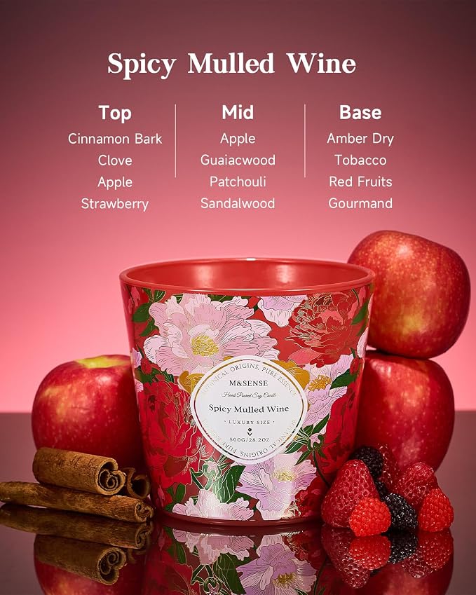 M&SENSE Spicy Mulled Wine Scented Candle, 28.2oz 3 Wick Natural Soy Wax Large Candles, Long Lasting Clean Slow Burning No Toxic Décor for Home Relaxation, Romantic Dates & Gift-Giving