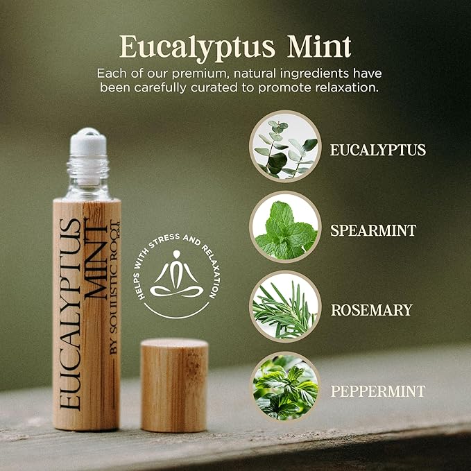 Soulistic Root Eucalyptus Mint Essential Oil Roll On – Breathe Essential Oil Blend w/Peppermint, Spearmint, Rosemary – Aromatherapy Rollerball for Spa, Self Care, Energy – 10ml Bottles Each