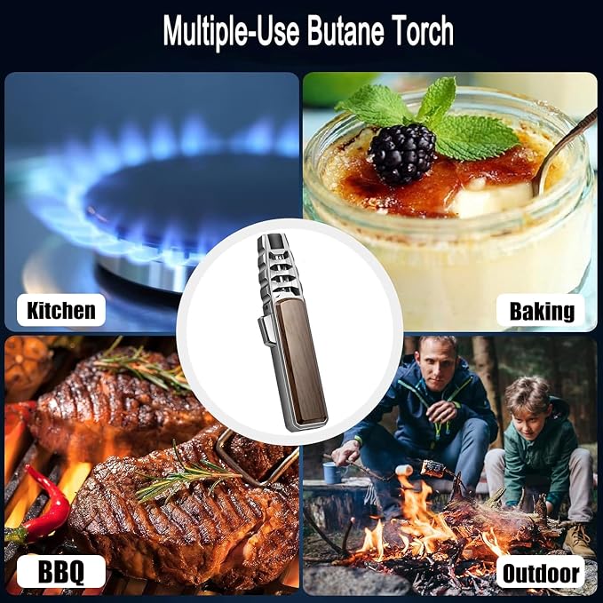 2 Packs Butane Torch Lighter, Windproof Kitchen Cooking Torch with Safety Lock & Adjustable Jet Flame, Refillable Bright Fire Blow Torch for Cooking, BBQ, Baking, Candle, Camping (Butane Not Included)