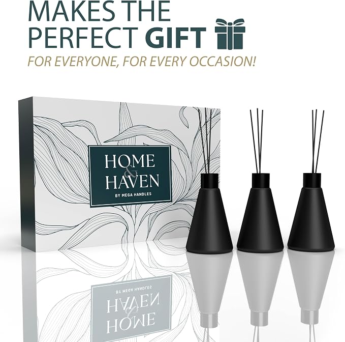 Mega Handles Reed Diffuser Sets (50ml) - 3 Pack White Flower Scent Bathroom Diffuser, Elegant Reed Diffuser for Shelf Decor, Decorative Air Freshener for Large Rooms - Matte Black