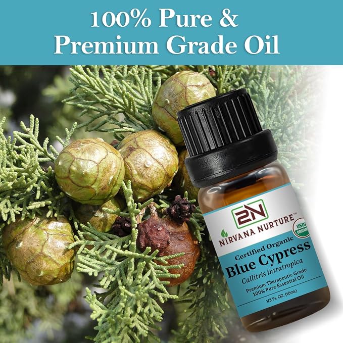 Blue Cypress Essential Oil, USDA Certified Organic, 100% Pure Undiluted, Aromatherapy Oil for Diffuser, Hair & Skin Care