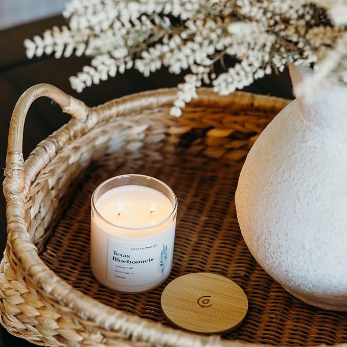 Calyan Wax Co. Texas Bluebonnets 2 Wick Scented Candle - 37 Hour Burn - Luxury Clean Soy Wax Candles - Long Lasting Large Glass Jar Candle for Home - 8.8oz