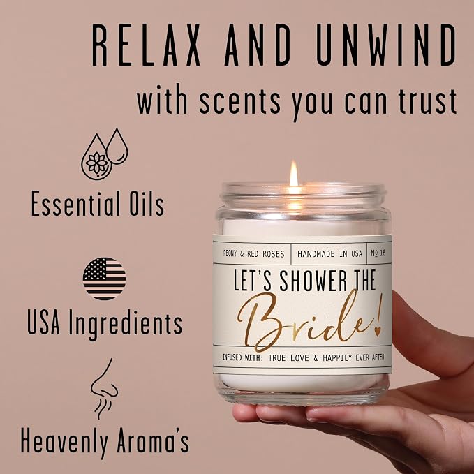 Bridal Shower Gifts, Bride Gifts for Bride to Be - 'Let's Shower the Bride' Soy Wedding Candle, w/Peony Wedding Bouquet - infused w/Essential Oils I Bachelorette Gifts for Bride I 50Hr Burn, USA Made