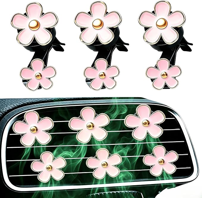 6 Pcs Pink Daisy Car Vent Clip Essential Oil Diffuser | Comes with unscented cotton pads, refillable, cute decor for car, bedroom and bathroom as gift