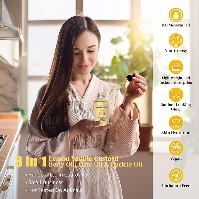 Lemon Vanilla Custard Oil with All-Natural Moisturizing Body Oil for Soft, Glowing Skin with Almond & Jojoba Oil (4 fl oz)