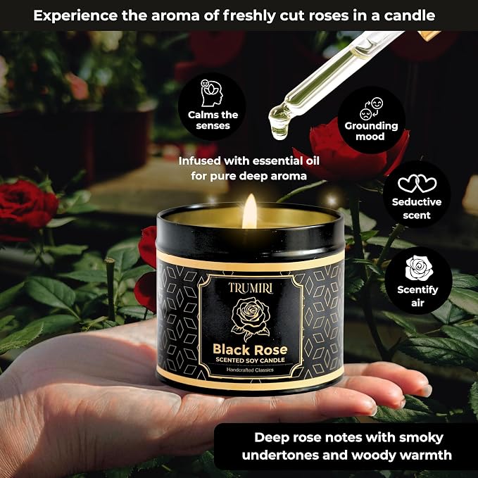 Black Rose Candle Strong Scented Soy Candel Natural Non Toxic Velas Aromáticas Gift for Women Pack of 1 5Oz Decorartive Travel Tin