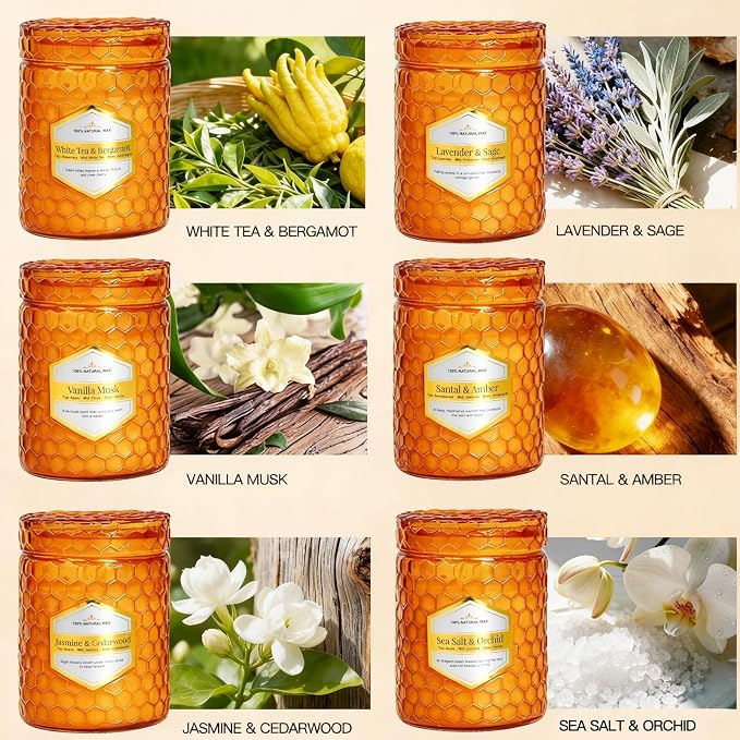 6 Pack Amber Glass Scented Candles for Home Scented, 5.5 Oz Each Soy Wax Candles, Lavender Sage Candles, Luxury Home Decor Gift Set for Women Birthday Christmas