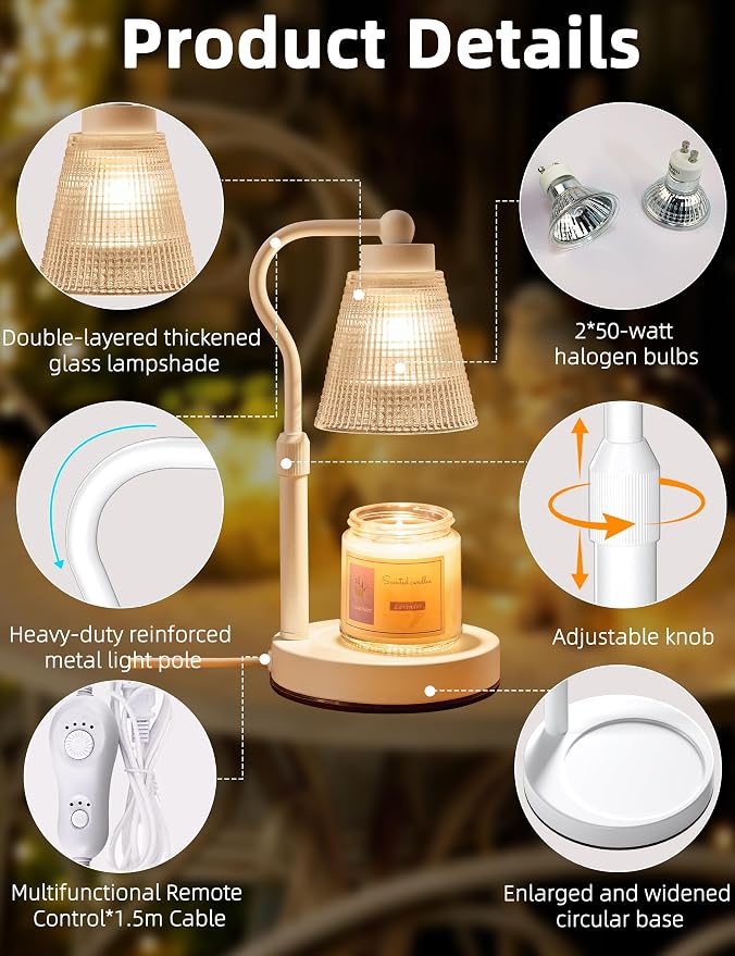 Candle Warmer Lamp for Jar Candles, Height Adjustable & Dimmable with 2/4/8H Timer, 2*50W Halogen Wax Melter Warmer for Home Office Décor, Flameless & Smokeless, Gift for Women Mom,White-Clear/1 Pack