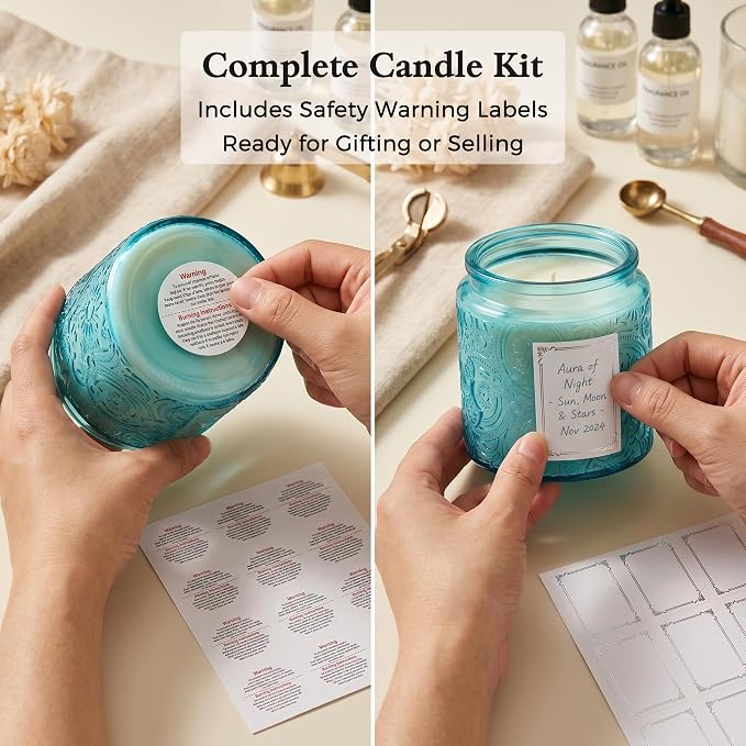 10 oz Blue Sun Moon Stars Candle Jars with Metal Lids, 9 Pack | Patented Embossed Design, Includes Wick Centering Devices & Warning Labels, Multiple Color Options