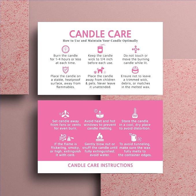 200 pack - Premium Handmade Candle Care Instruction Cards Pink 2x3.5 in, Small Business | Soy Bees Wax Melt, Candle Makers, Making Supplies Kit Set, Containers, Jars, Pot, Package