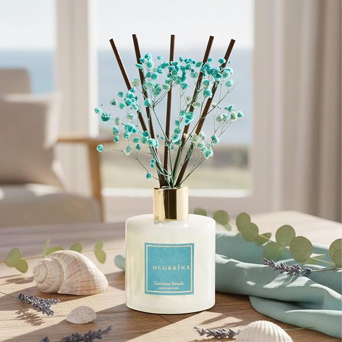 COCORRÍNA Reed Diffuser - Coconut Beach 6.7 fl oz Reed Diffuser with Sticks, Home Bedrrom Bathroom Shelf Decor