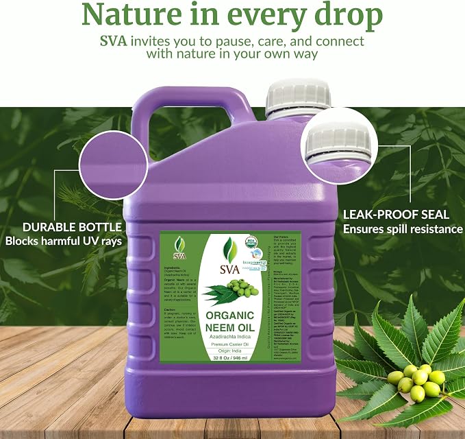 SVA Neem Seed Oil Organic - 32 Fl Oz – 100% Natural Cold Pressed Organic Neem Oil - for Face, Skin Care, Hair Care, Scalp Massage & Body Massage – Carrier Oil with Dropper