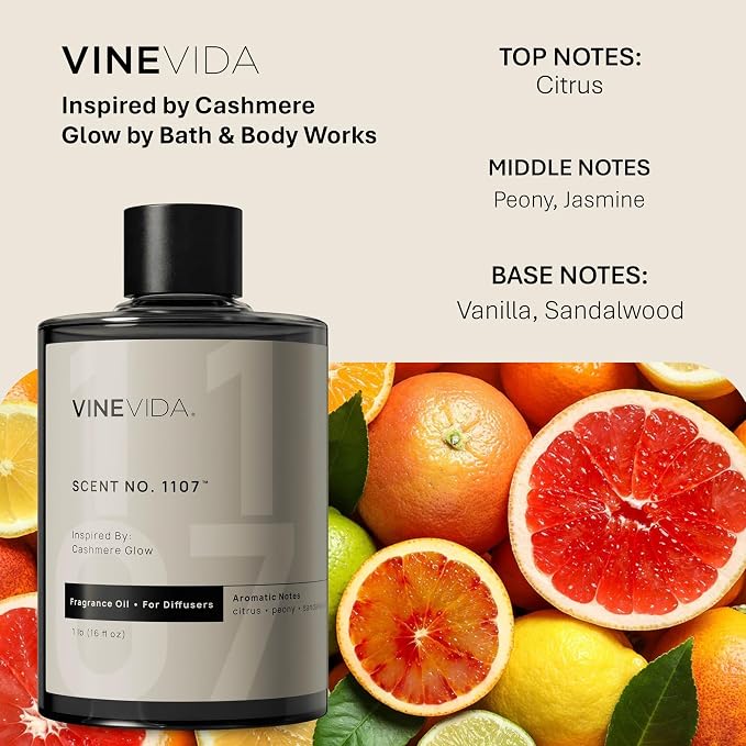 VINEVIDA [16 Fl Oz] Scent NO. 1107 Fragrance Oil for Cold Air Diffusers, Aromatic Notes of Citrus Peony Sandalwood, Essential Oils for Diffuser Oil Refill & Air Freshener Room Spray