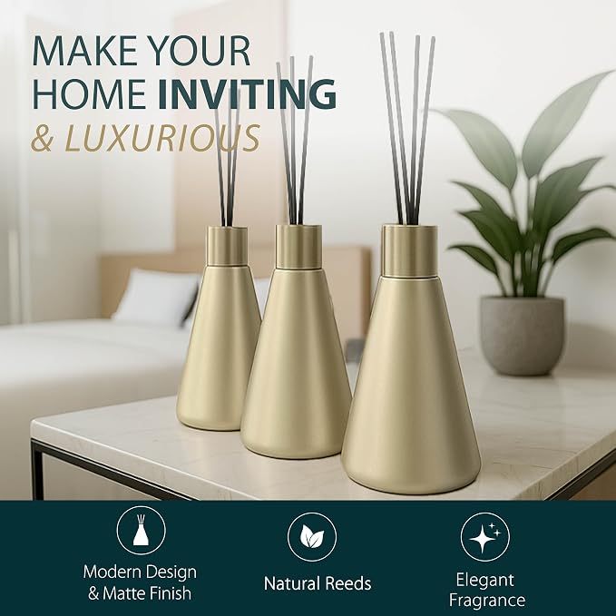 Mega Handles Reed Diffuser Sets (50ml) - 3 Pack White Flower Scent Bathroom Diffuser, Elegant Reed Diffuser for Shelf Decor, Decorative Air Freshener for Large Rooms - Satin Brass