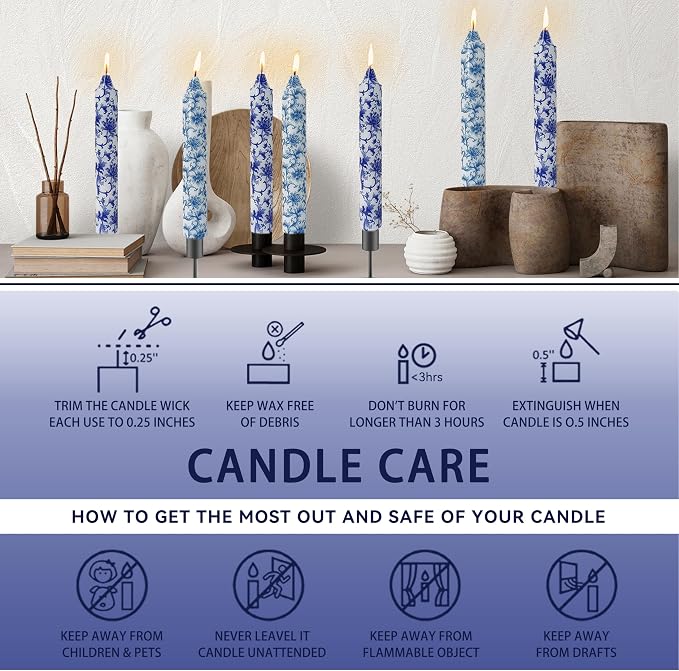 Flowers Printed Candle Taper Candles 9 inch - 4 Pack Blue and White Porcelain Candle Dripless, Smokeless, Unscented Tall Candlesticks - Perfect for Home Decor, Weddings, and Special Occasions