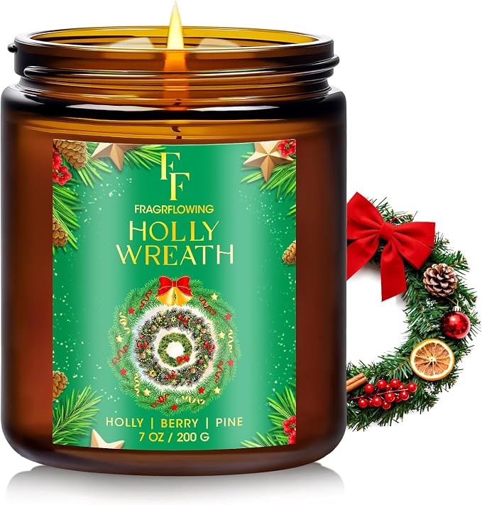 Christmas Candle, Holly Wreath Scented Candles for Home, Holiday Candles Natural Soy Candle, Aromatherapy Candle 7 oz Jar Candles Christmas Gifts for Women Men