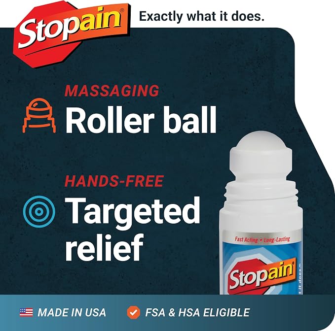 Stopain Pain Relief Roll On Gel 3oz, USA Made, Max Strength Fast Acting with MSM, Glucosamine, Menthol for Arthritis, Lower Back, Knee, Neck, HSA FSA Approved OTC Topical Analgesic Products