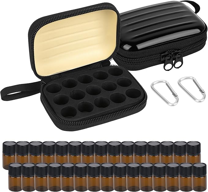 2Pcs Mini Essential Oil Bottle Case with 30 Empty 2ml Vials, Travel Storage Organizer Box for Essential Oils, Compact Aromatherapy Holder for Home, Travel & Outdoor Use (15 Slots) (Black)