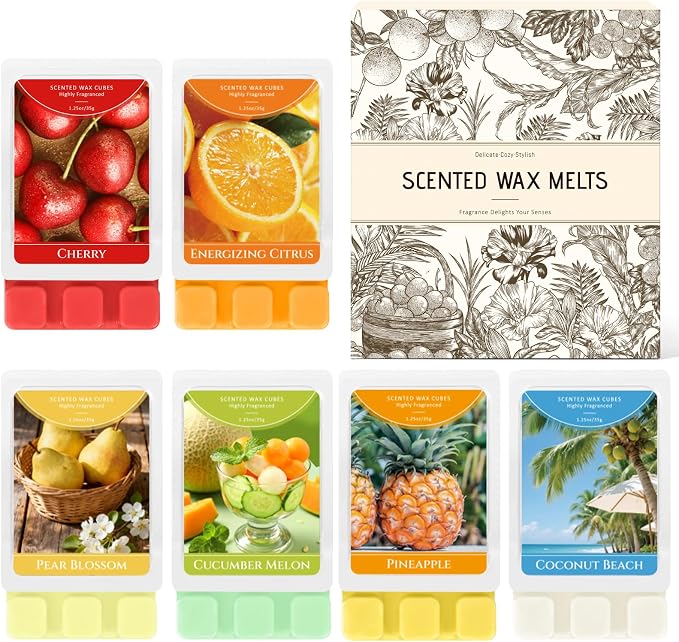SCENTORINI Wax Melts, Scented Wax Cubes for Wax Warmers, Summer Scent Wax Melts, Coconut Beach, Pear Blossom, Cherry, Cucumber Melon, Pineapple, Energizing Citrus, 6 Pack