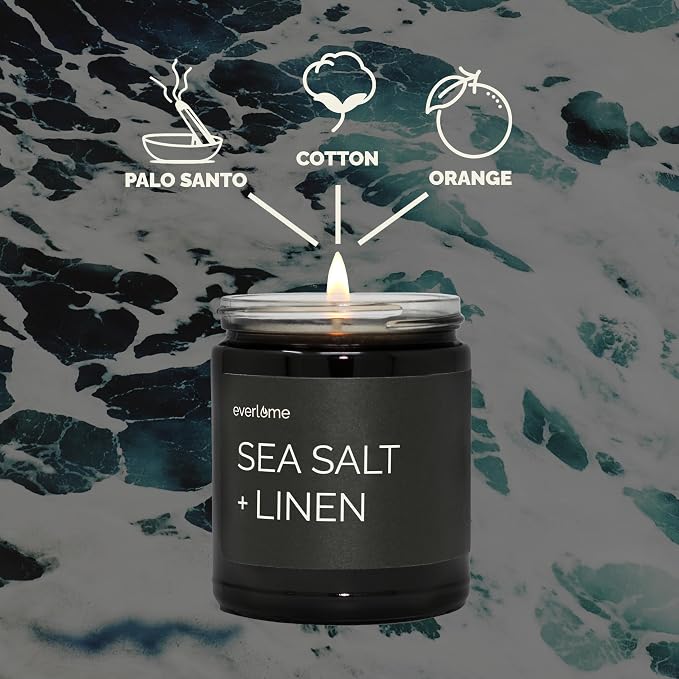 Premium Soy Wax Candle | Highly Scented Black Glass Jar Candles | Long Lasting, Clean Burn | 8 oz | Gifts for Man and Woman | Made in USA (Sea Salt + Linen)
