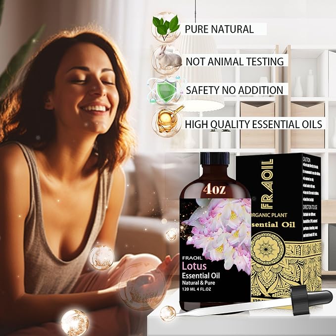 Lotus Essential Oil, Lotus Oil 4 Fl Oz 120ML for Diffuser Humidifier Yoga Cleaning DIY Candle Soap Making Perfume Gift for Women Essential Oils FRAOIL (Lotus 4 Fl Oz (Pack of 1))
