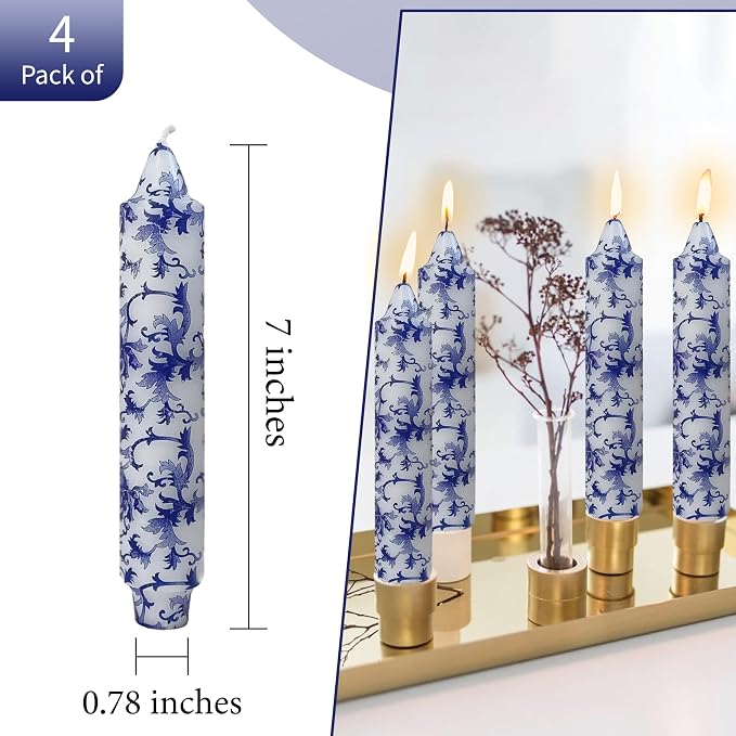 7 Inch Blue and White Short Taper Candles Hand Poured Unscented Smokeless Clean Burning Chinoiserie Taper Candles for Wedding Dinner Home Meditation Morning Coffee Ritual Breakfast Table Everyday