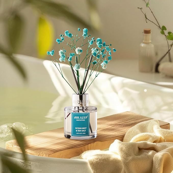 Airkeep Reed Diffuser Set,1.69 fl oz (50 ml) - Ocean Mist&Sea Salt Oil Diffusers with 8 Reed Sticks,Home Fragrance Reed Diffuser for Bathroom Shelf DecorSALT