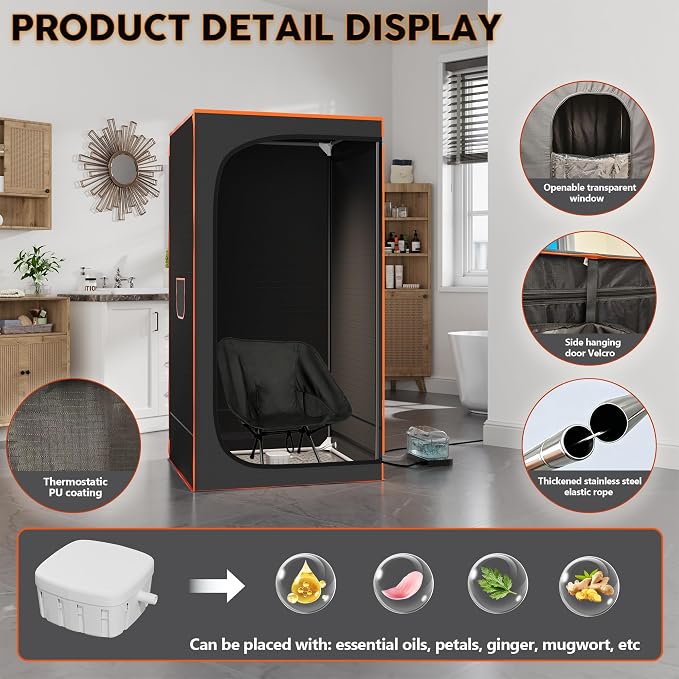 Luxury Portable Steam Sauna Tent for Home - 1500W Fast Heating Sauna Box with 3L Steamer Pot, Thermal Insulation Sweat Tent for Muscle Recovery - 1 Person