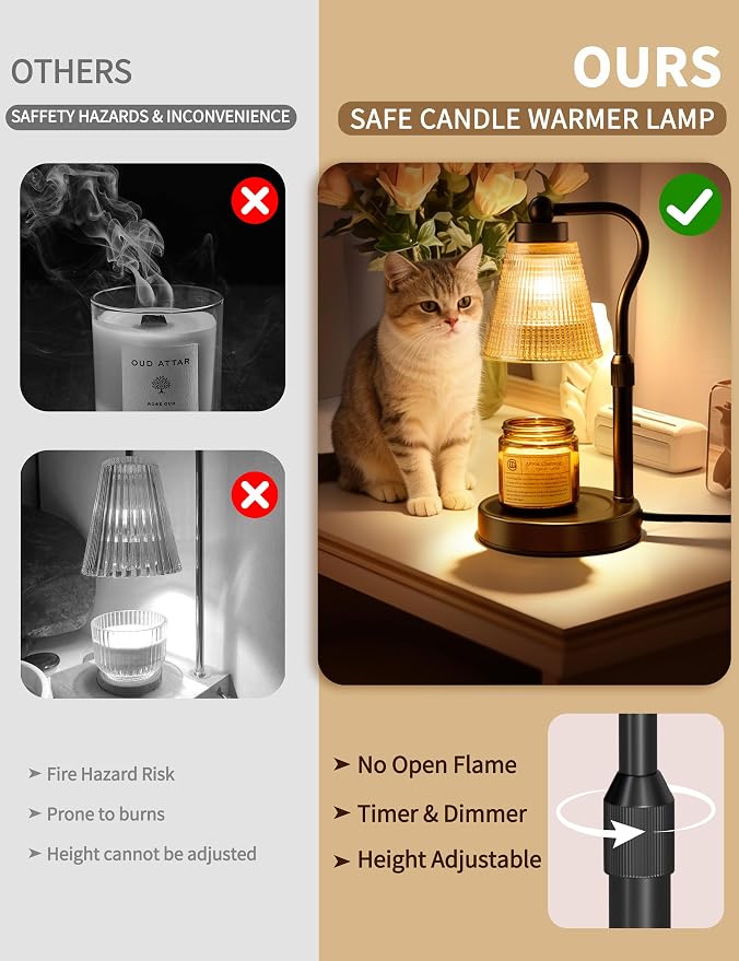 Candle Warmer Lamp for Jar Candles, Height Adjustable & Dimmable with 2/4/8H Timer, 2*50W Halogen Wax Melter Warmer for Home Office Décor, Flameless & Smokeless, Gift for Women Mom, Black-Amber/1 Pack