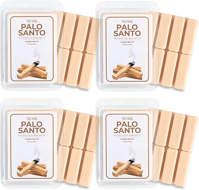 TRUMIRI Palo Santo Scented Wax Melts - Made with Non Toxic Soy Wax and Essential Oils - Long Lasting Strong Scent Pet Safe Candle Wax Cubes Tarts for Warmers Pack of 4 - for Cleansing Negative Energy