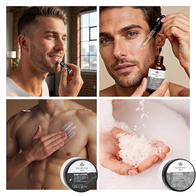 Gifts for Men, 23pcs Fathers Day Gifts for Dad, Spa Gift Basket For Him | Charcoal Bath and Body Gift Basket for Men, Self Care Home Spa Kit, Leather Bag, Skin Care Gift Set, Birthday, Anniversary