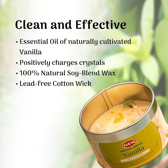 HEM Vanilla Crystal Candle – 90g (3.17 oz) | Long Burning 18-20 Hrs | Aromatherapy Candle for Meditation, Energy Cleansing & Relaxation | Natural Scented Wax – Pack of 1