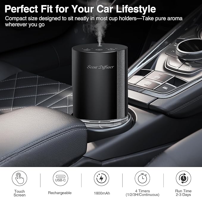 Waterless Essential Oil Diffuser Stater Kit - Included 3x20mL Essential Oils, Battery Operated, Cold Air Scent Diffuser for Home, Car, Office, Portable Diffuser with 7-Color Light, 100mL, Black