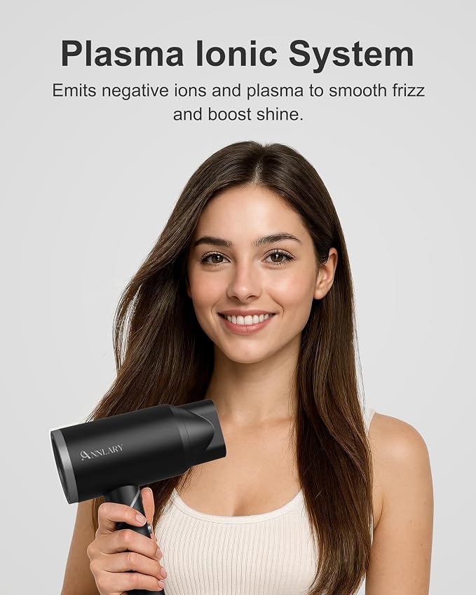 ANNLARY Hair Dryer with Comb | 1800W Blow Dryer with Diffuser for Curly Hair | Plasma Ionic Hairdryer for Frizz Control & Shine | Foldable Portable Travel Hair Dryer | 6.5 ft Cord (Black)