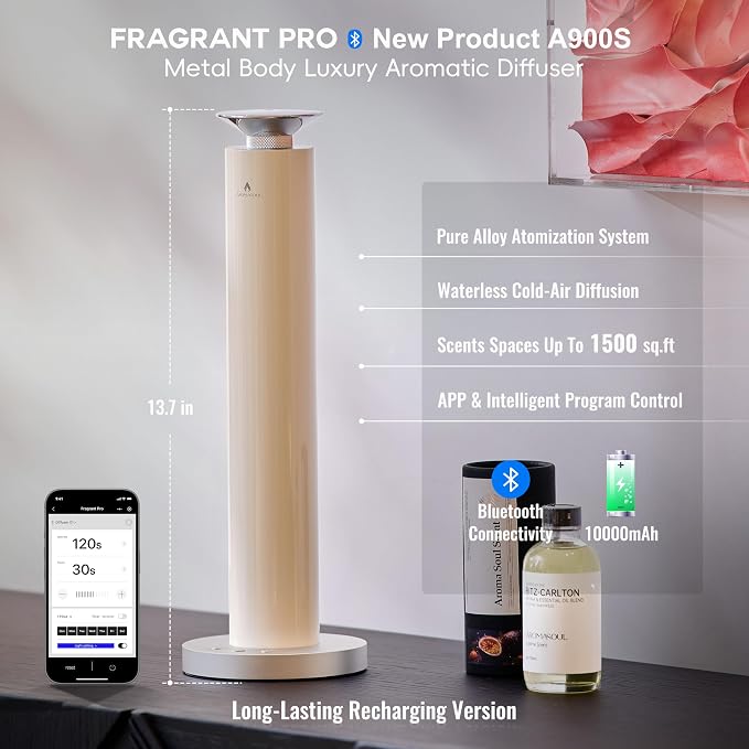 Wireless Rechargeable Hotel Scent Diffuser Kit - 1500 Sq Ft Coverage, Alloy Atomization System,App Control,Waterless Oil Diffuser, Including 6×15ml Essential Oils, for Home,Large Room,Spa, Cream