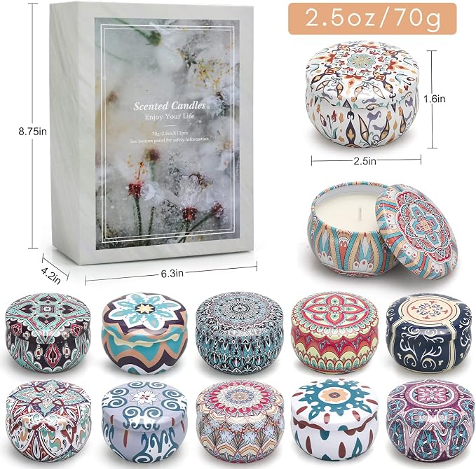 Scented Candle Gift Set, 12-Pack Fruit & Floral Aromatherapy Soy Wax Candles for Home, Stress Relief, Relaxation, 250 Hours Long Lasting, Birthday Gifts for Women, Mom, Wife, Girlfriend, Coworker