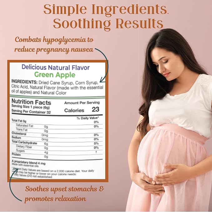 Three Lollies Preggie Drops Pregnancy Nausea Relief Drops with Essential Oils, Morning Sickness and Queasy Stomach Support for Pregnant Women, Green Apple, 32 Count