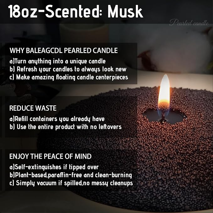 Suede & Silence Pearled Candle 18 Oz with 30 Wicks - Musk Scented Sand Candles Black Refillable Wax Lasts Up to 120 Hours Smooth and Clean Burning for Candle Making DIY