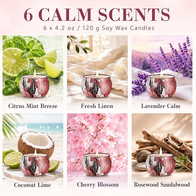 Scented Candles Gift Set for Women, 6 Pack Soy Wax Candle Set in Decorative Tins, 24 oz Total, 180 Hours Burn Time, Floral and Fruity Aromatherapy Candles, Birthday, Thank You, Housewarming Gifts