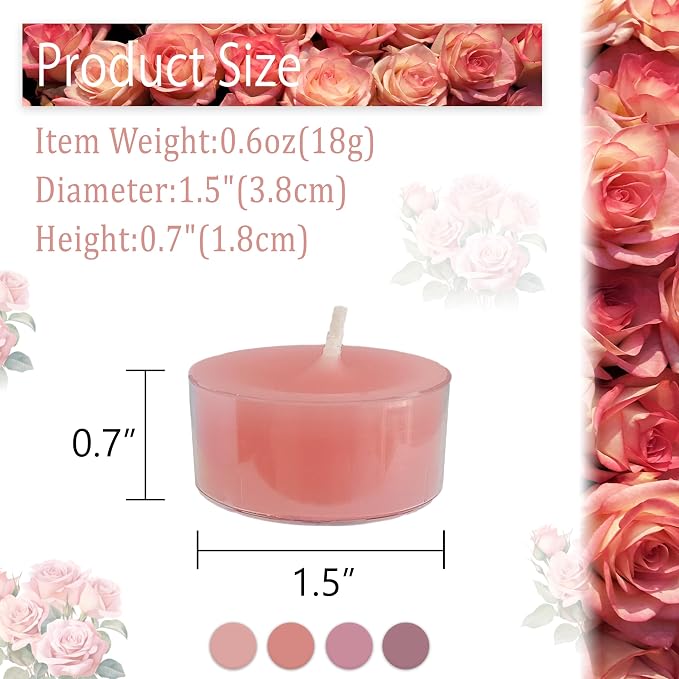 Gradient Pink Tea Lights Set of 24, Rose Scented Tealight Candles, Handmade Tea Candles, Long Burning Tealights for Romantic Wedding Home Decor Gift