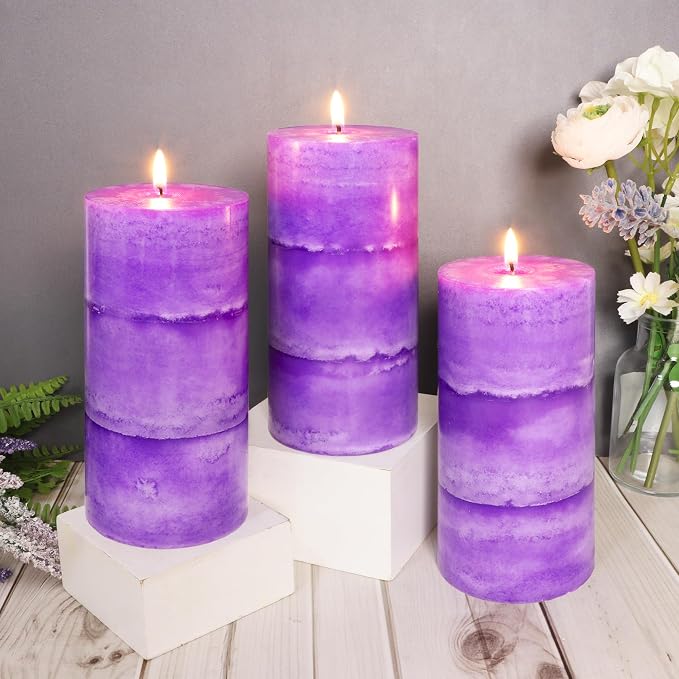 CRYSTAL CLUB Lavender Scented Pillar Candles, Set of 3 Tall 3x6 Inch Candles Rustic Purple, Clean Burning and Dripless Candle Lights, for Home Decor, Wedding, Party Decorations Lilac Candle