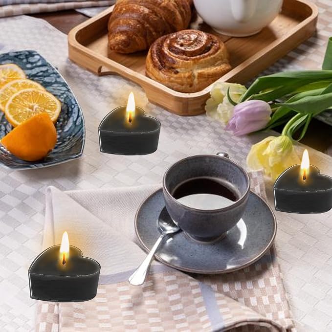 Smoked Sandalwood Scented Heart Tealight Candles, Black Scent Tea Lights Candles Clear Cup, 24 Pack Colored Tealights Candle, 4 Hour Burn Time Tea Candles for Weddings Romantic Decor
