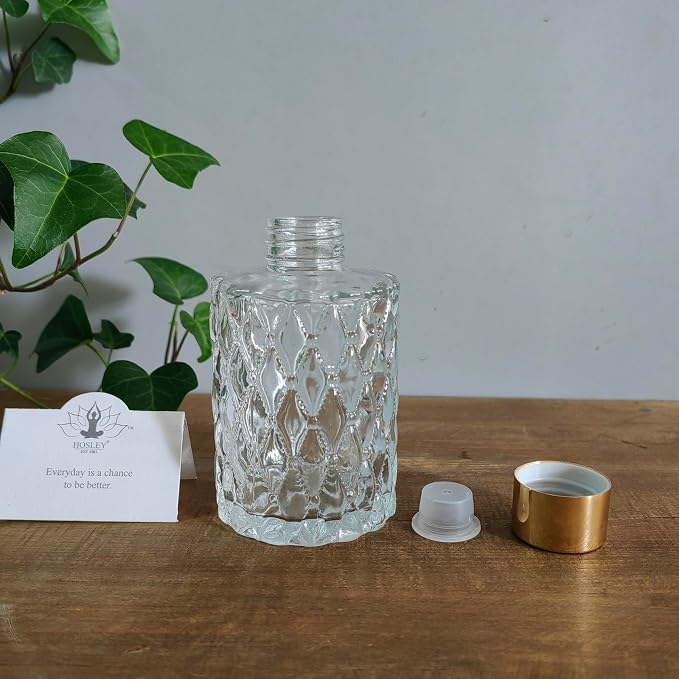 Hosley Set of 4 Mid Century Modern Glass Diffuser Bottles 4 Inch High. Ideal for Use with Essential Oils Replacement Diffusers Reed Sticks DIY Crafts O3 Gold