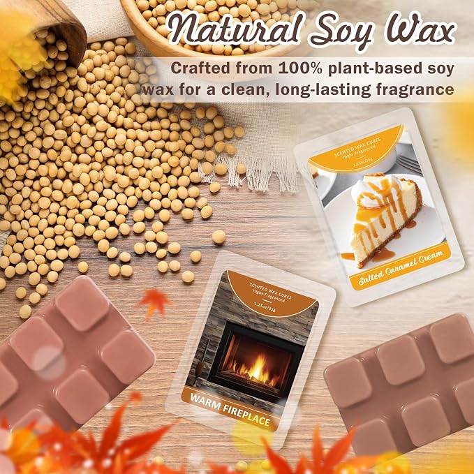 SCENTORINI Wax Melts, Wax Cubes Strong Scent, 4 Salted Caramel Cream & 4 Warm Fireplace Summer Scented Wax Melts, Soy Wax Melts for Warmer, Home Fragrances