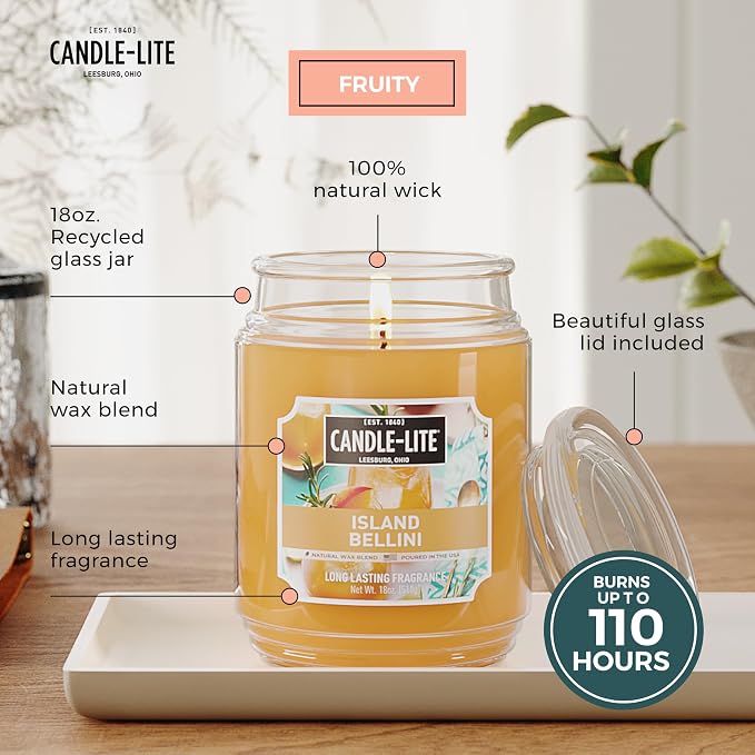 Candle-lite Scented Candles, Island Bellini, 18 oz Jar, Proudly Poured in The USA, Aromatherapy Candle, Single-Wick with 110 Hours of Burn Time, Perfect for Creating an Inviting Ambiance