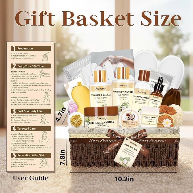 22PCS Spa Gift Baskets for Women, Luxury Bath and Body Gift Basket Set for Women Coconut Vanilla Spa Kit Relaxing Spa Self Care Gift for Her Wife Lover Mom Sister